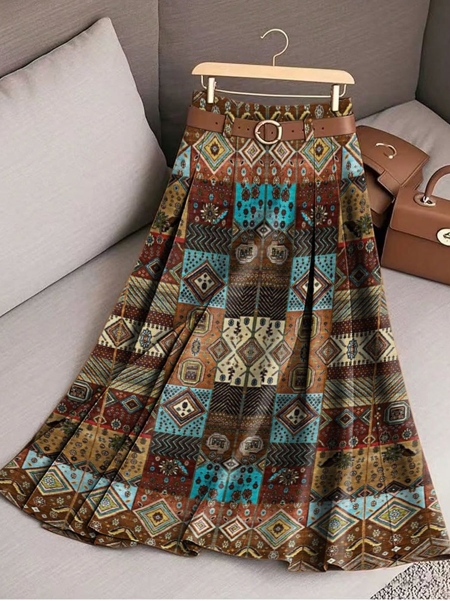 Women's Beautiful Vintage Ethnic Diamond Geometric Check Art Print Cotton Skirt
