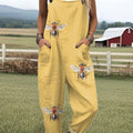 Women's  Funny Farm Bee Art Print Casual 100% Cotton Wide Leg Jumpsuit