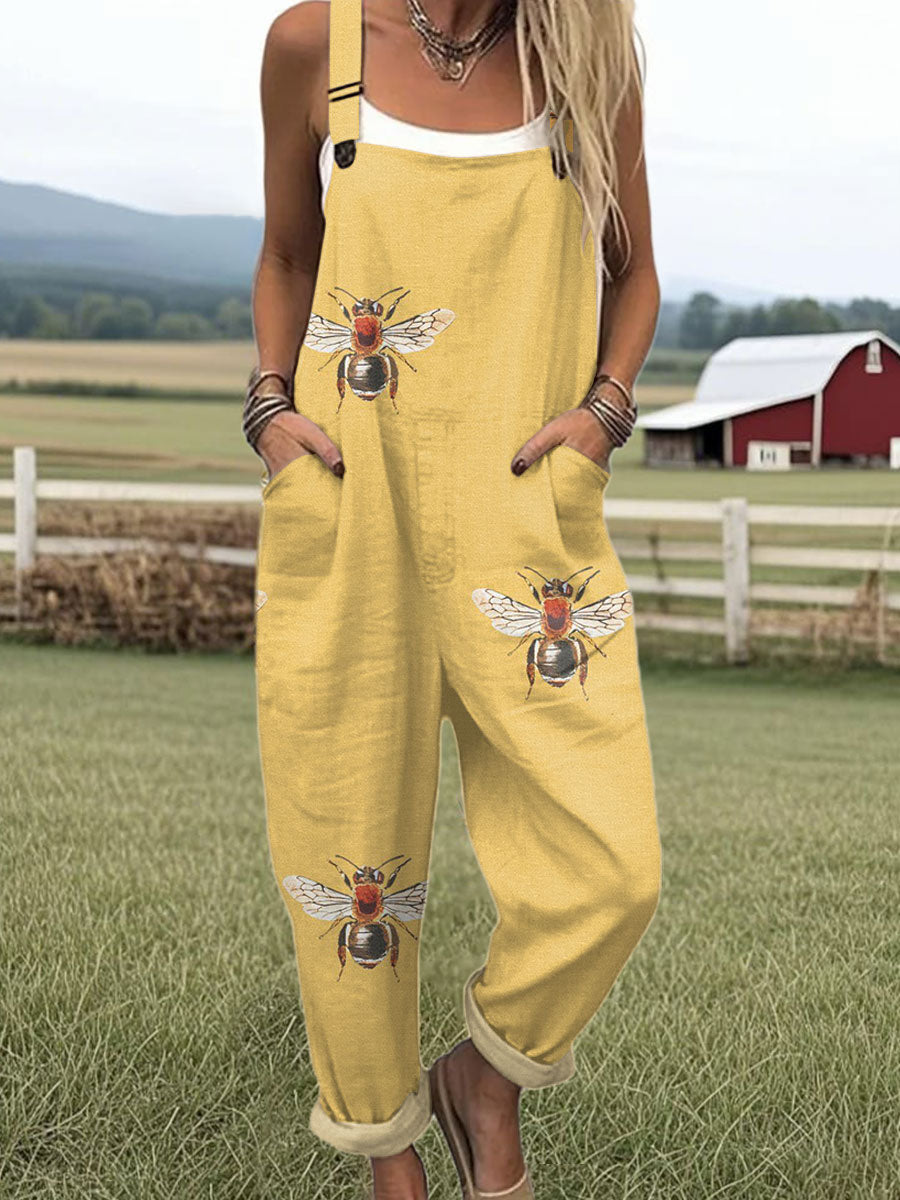 Women's  Funny Farm Bee Art Print Casual 100% Cotton Wide Leg Jumpsuit