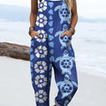 Women's Lovely Turtle Pattern Art Print Casual 100% Cotton Wide Leg Jumpsuit