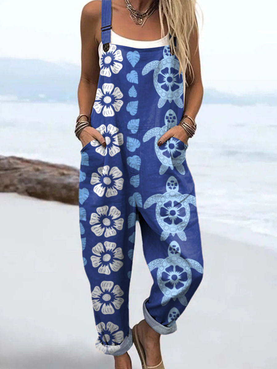 Women's Lovely Turtle Pattern Art Print Casual 100% Cotton Wide Leg Jumpsuit