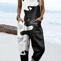 Women's Black White Cats Art Print Casual 100% Cotton Wide Leg Jumpsuit