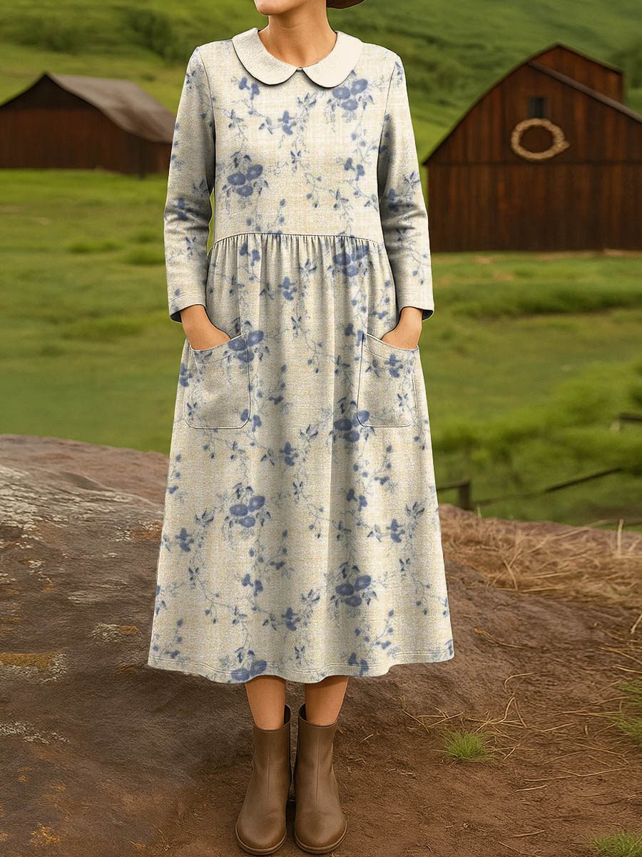 Women's Vintage Floral Art Print Cotton Lapel Shirt Dress