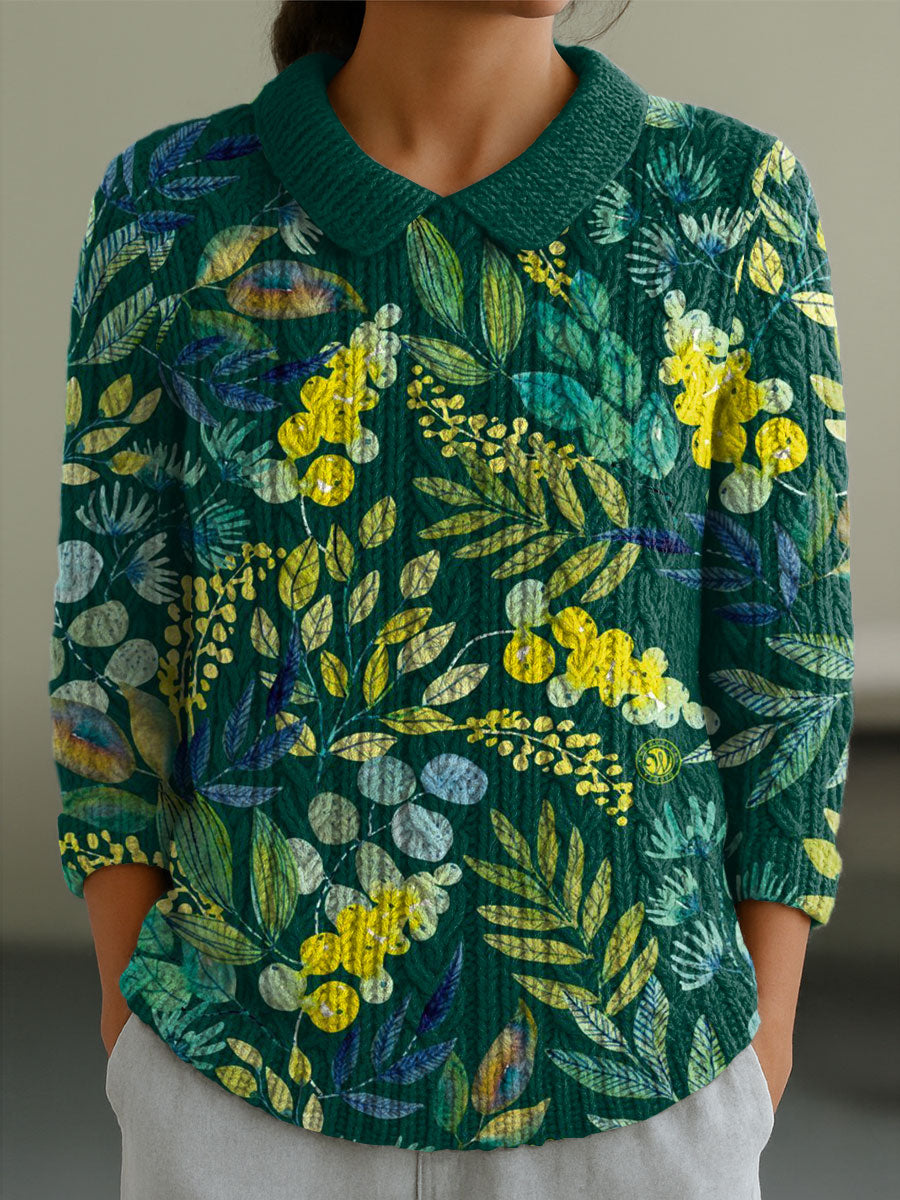 womens-vintage-plant-leaf-art-print-casual-peter-pan-collar-3-4-sleeve-sweater