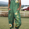 Women's Lovely Floral Art Print Casual 100% Cotton Wide Leg Jumpsuit