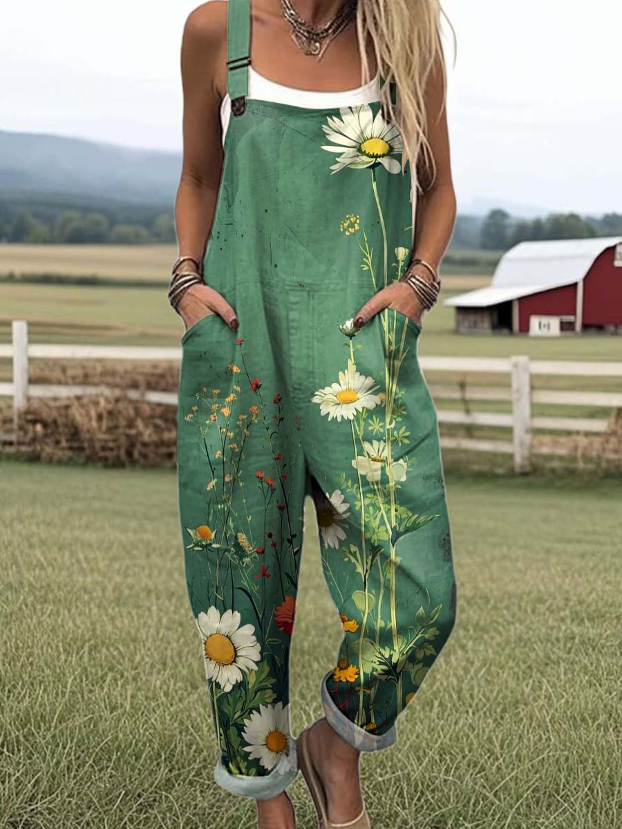 Women's Lovely Floral Art Print Casual 100% Cotton Wide Leg Jumpsuit