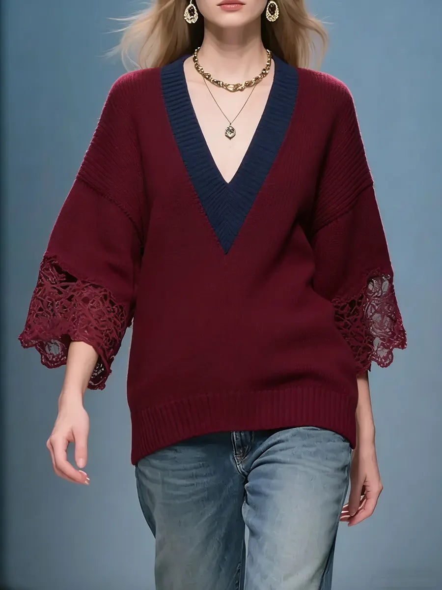 Women's Color-block V-neck Three-quarter Sleeve Loose-fitting Casual Knitted Sweater