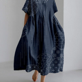 Windchimes Japanese Sashiko Art Linen Blend Maxi Dress