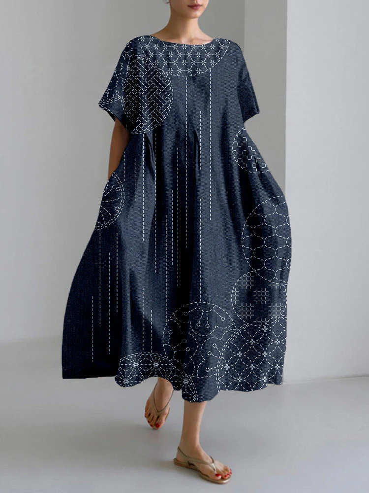 Windchimes Japanese Sashiko Art Linen Blend Maxi Dress