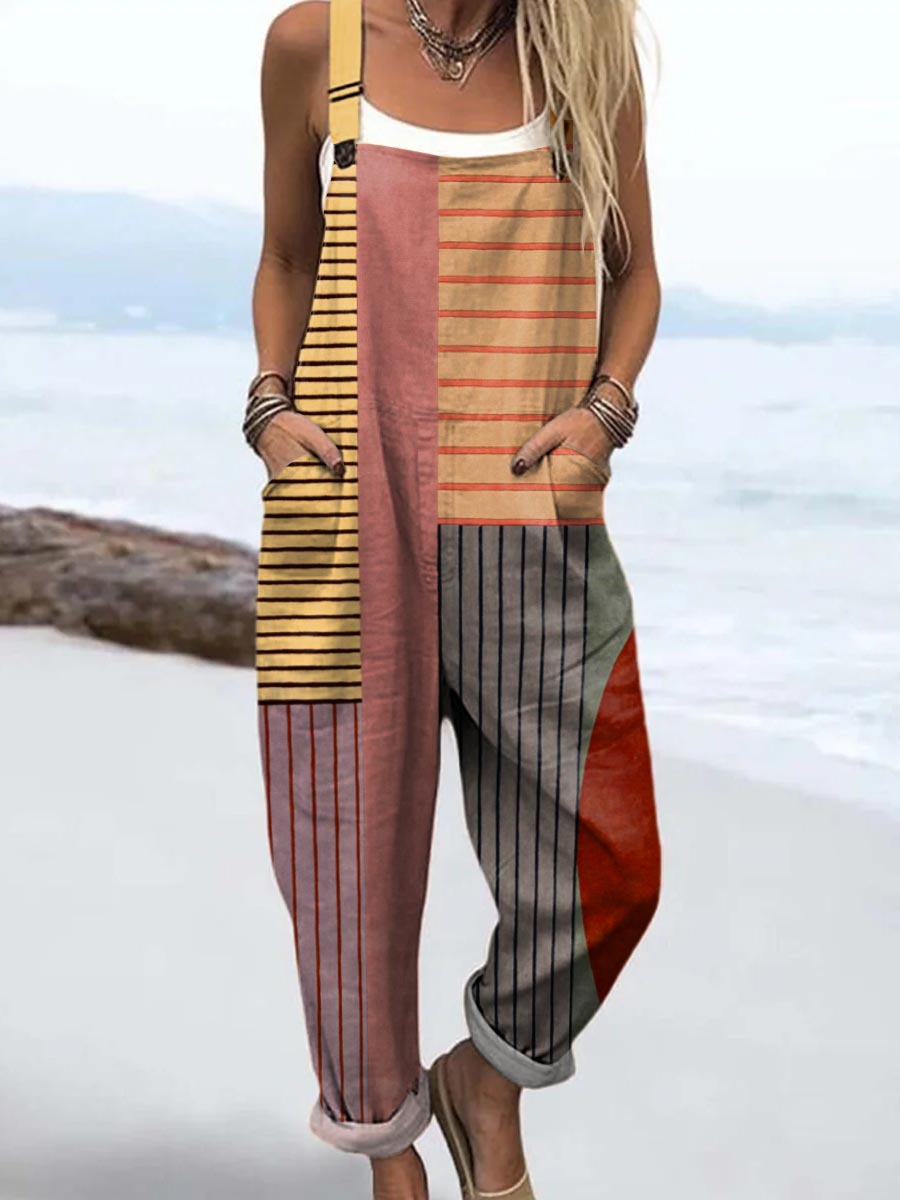 Women's Abstract Geometric Pattern Art Print Casual 100% Cotton Wide Leg Jumpsuit