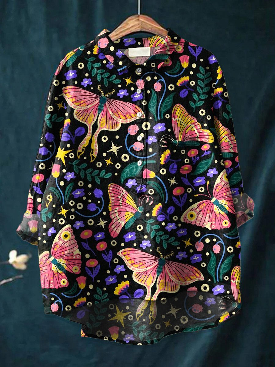 Women's   Butterfly Art Print Casual Cotton And Linen Shirt