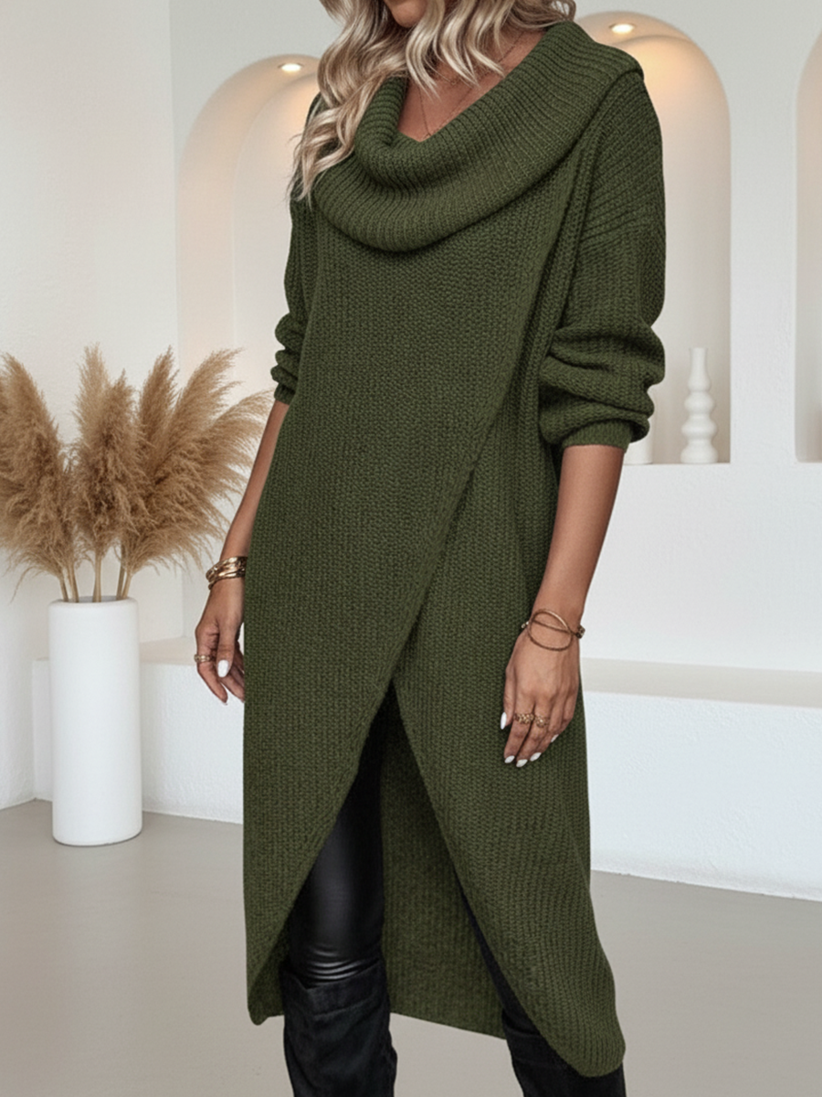 Women's Loose Scarf Collar Slit Knitted Dress