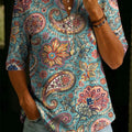 Women's Floral Pattern Art Casual Classic Henley Collar 100% Cotton T-shirt
