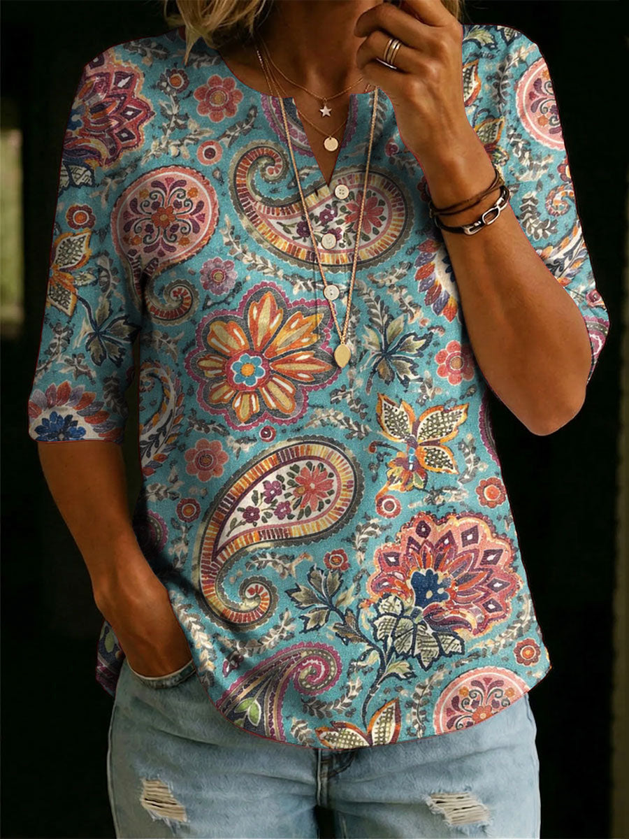 Women's Floral Pattern Art Casual Classic Henley Collar 100% Cotton T-shirt