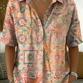 Bohemian Ethnic Totem Print Short-sleeve Collared Shirt With Half-button Placket