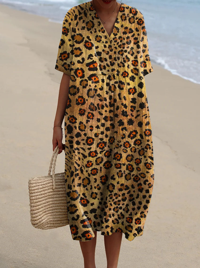 Women's Vintage Leopard Art Print Flowy Cotton Dress
