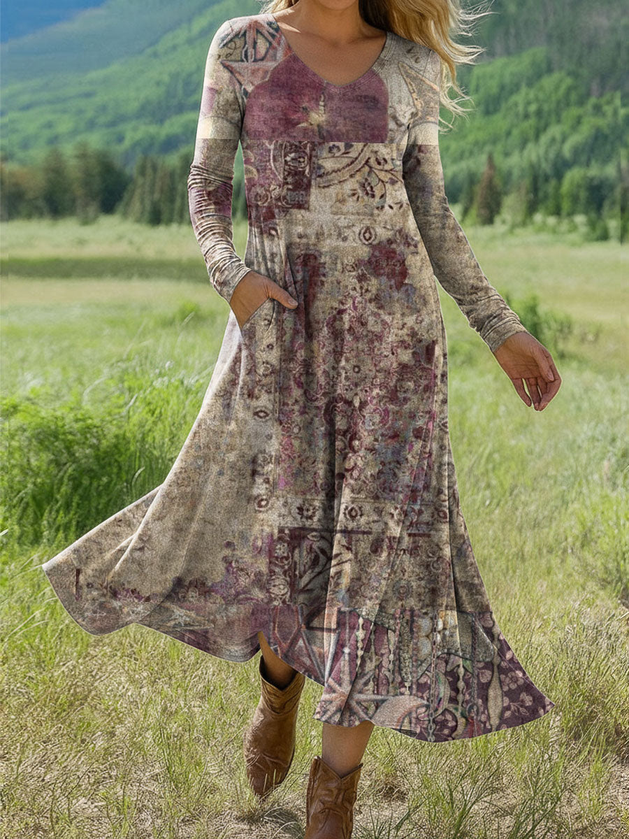 Women's Floral Print Art Print Long-sleeved Dress