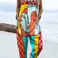 Women's Colorful Abstract Realistic Face Art Print Casual 100% Cotton Wide Leg Jumpsuit
