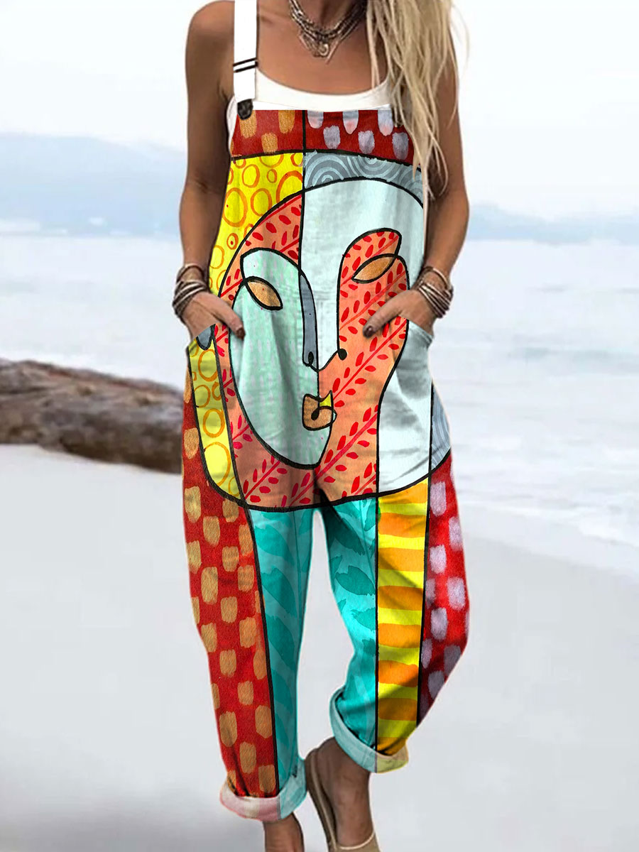 Women's Colorful Abstract Realistic Face Art Print Casual 100% Cotton Wide Leg Jumpsuit