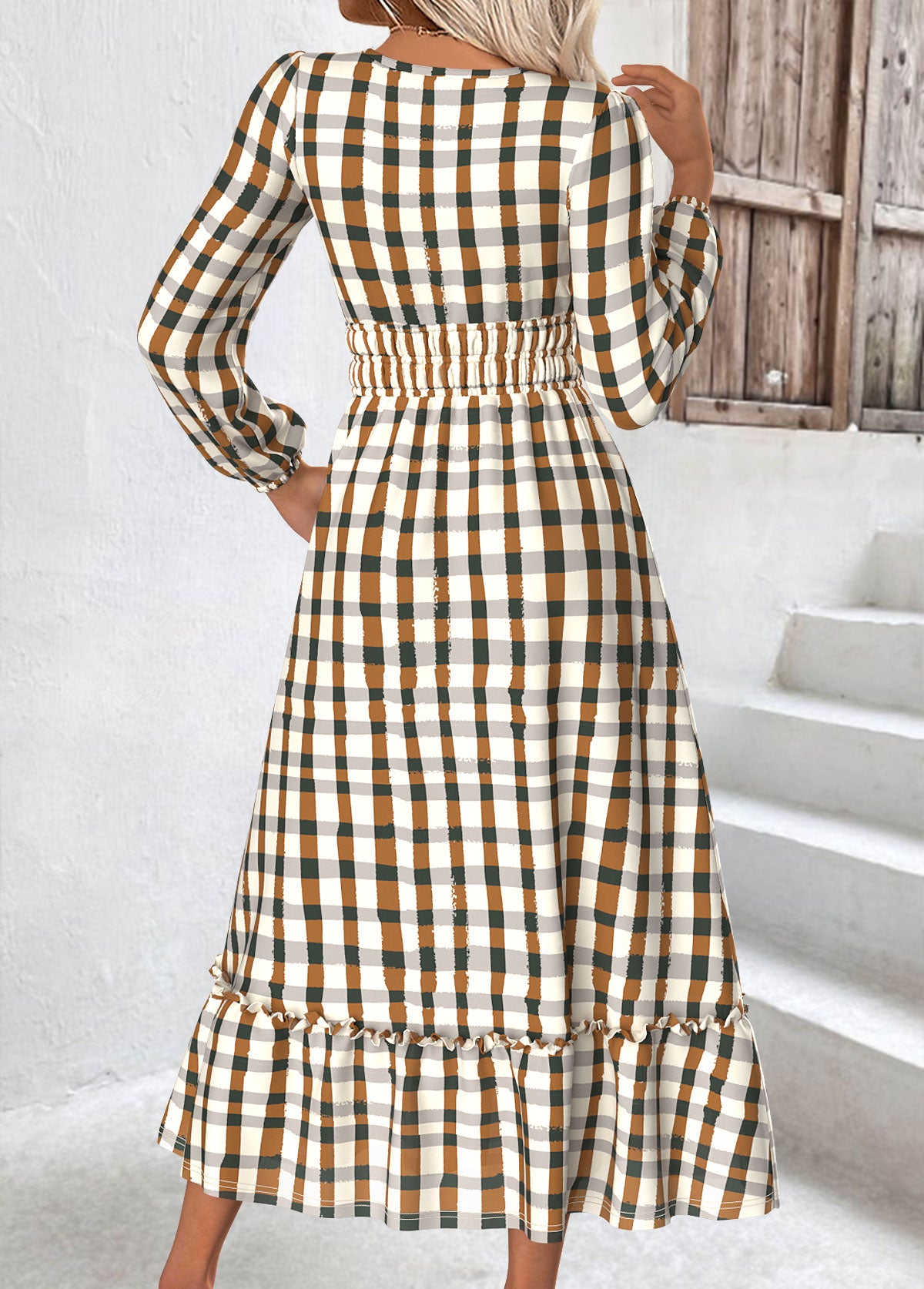 Beige Plaid Long Sleeve Split Neck Dress