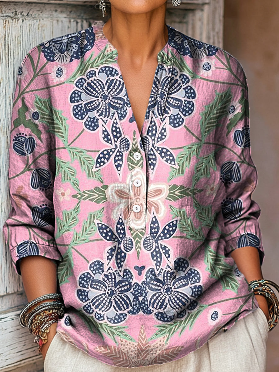 Women's Vintage Ethnic Floral Painting Art Print Casual Cotton And Linen Shirt
