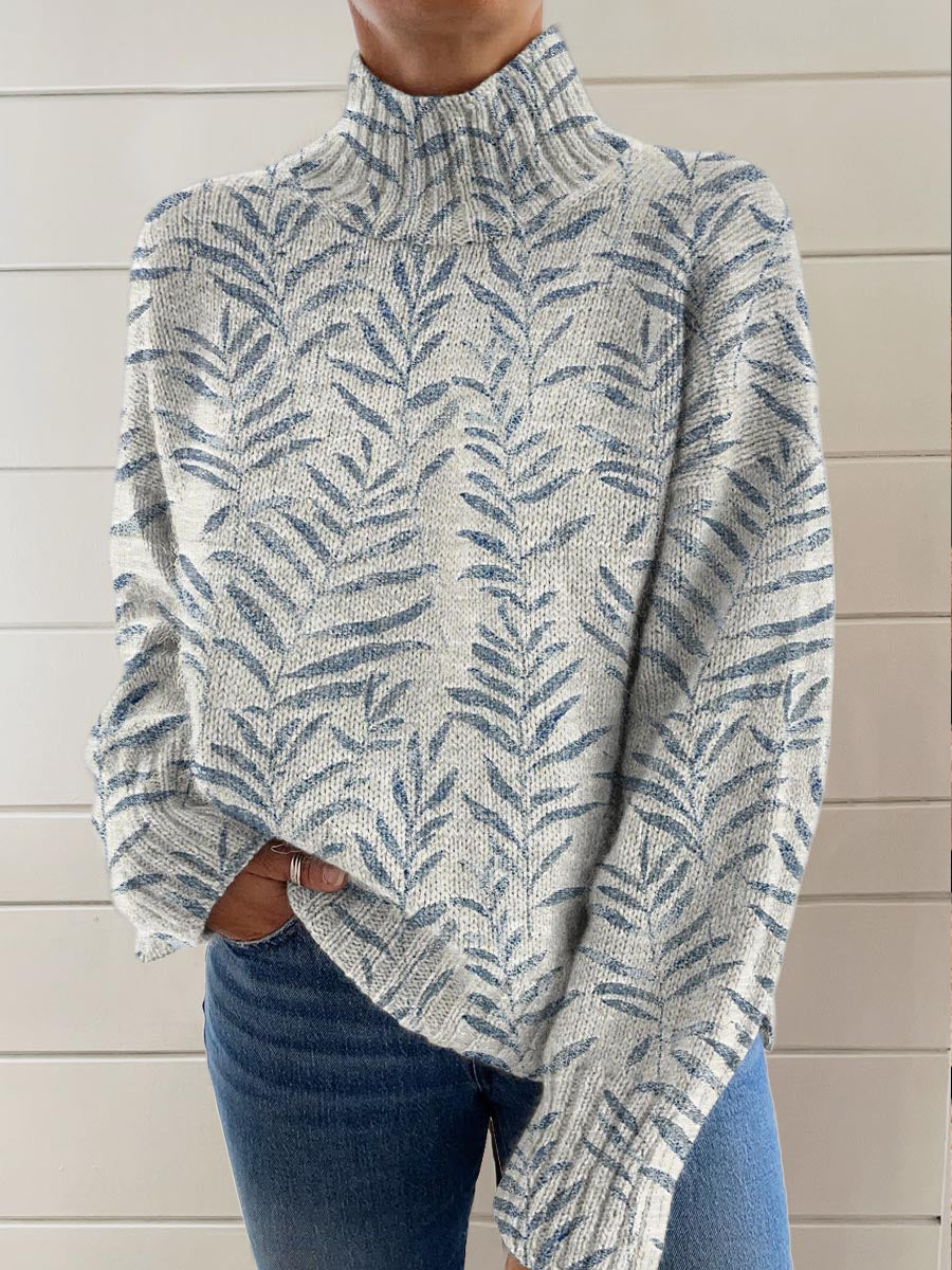 womens-leaves-art-print-knit-turtleneck-pullover-sweater