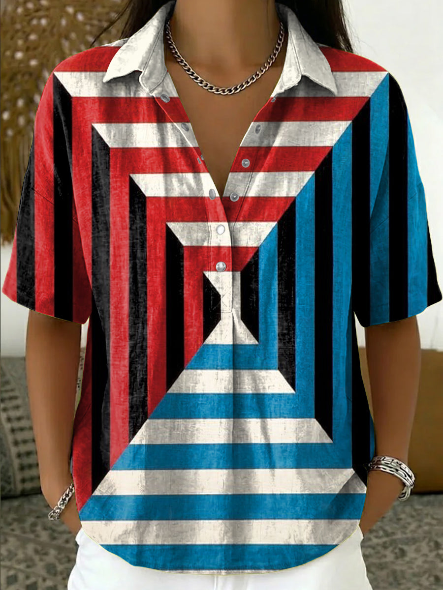 Women's Retro Color-block Striped Cotton-linen Short-sleeve Shirt