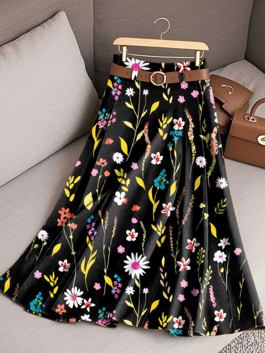 Women's Vintage Flower Art Print Cotton Skirt