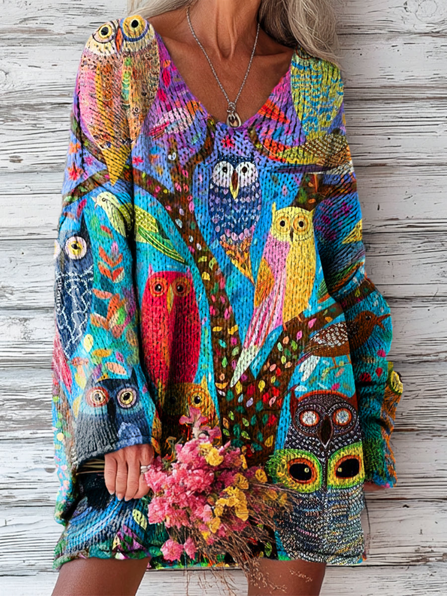 womens-beautiful-abstract-colorful-owl-painting-art-print-casual-pullover-sweater