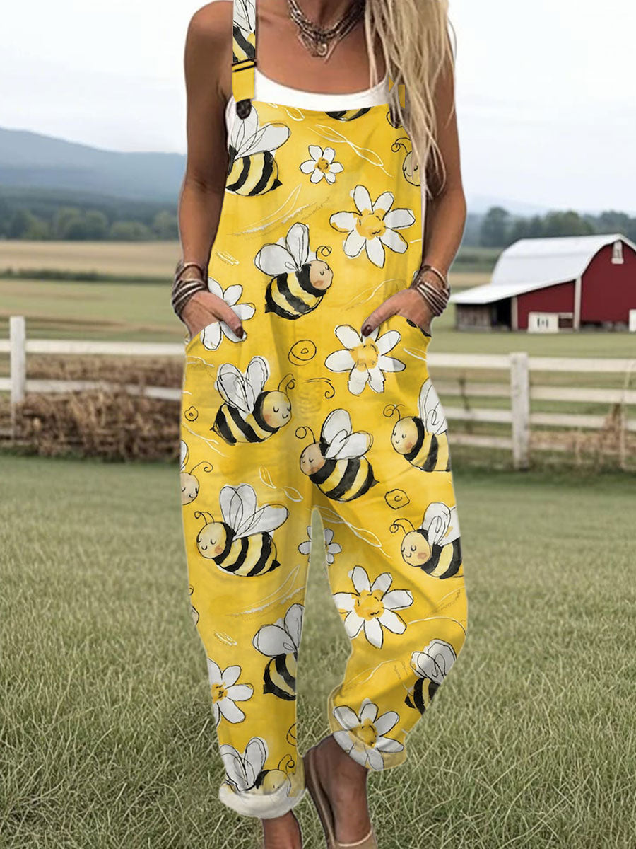 Women's Vintage Bee Floral Art Print Casual 100% Cotton Wide Leg Jumpsuit
