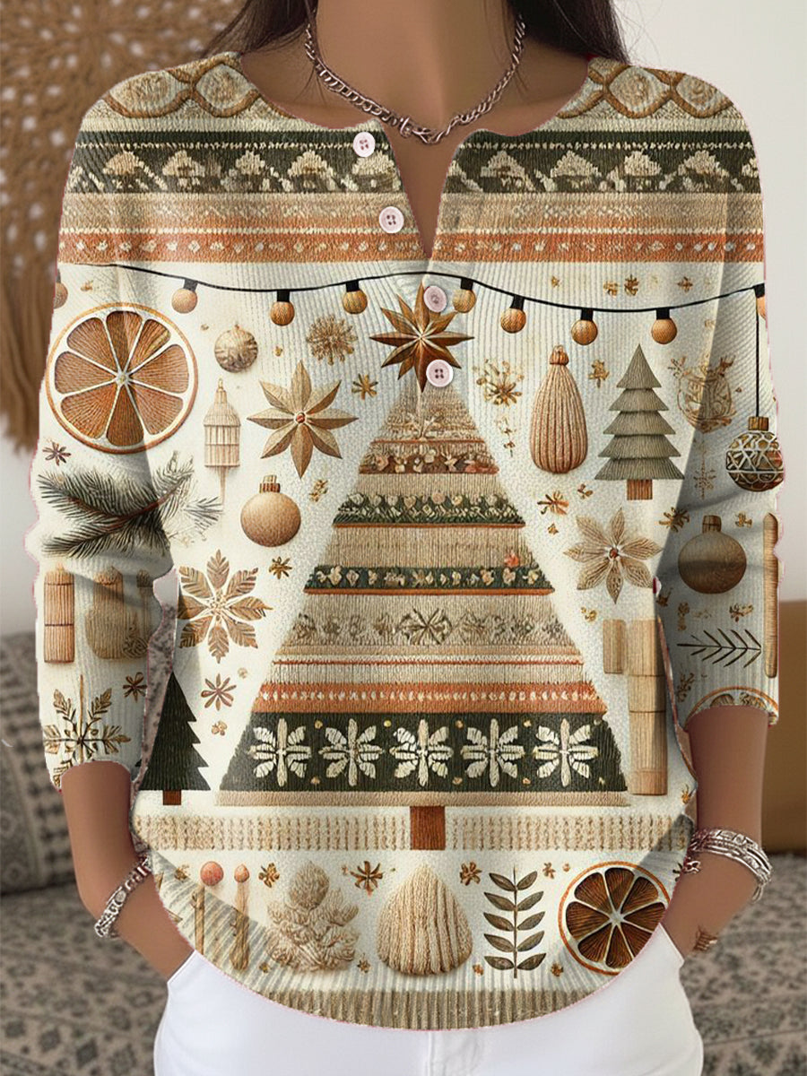 Vintage Winter Christmas Tree Painting Art Print Buttoned Cardigan Sweater