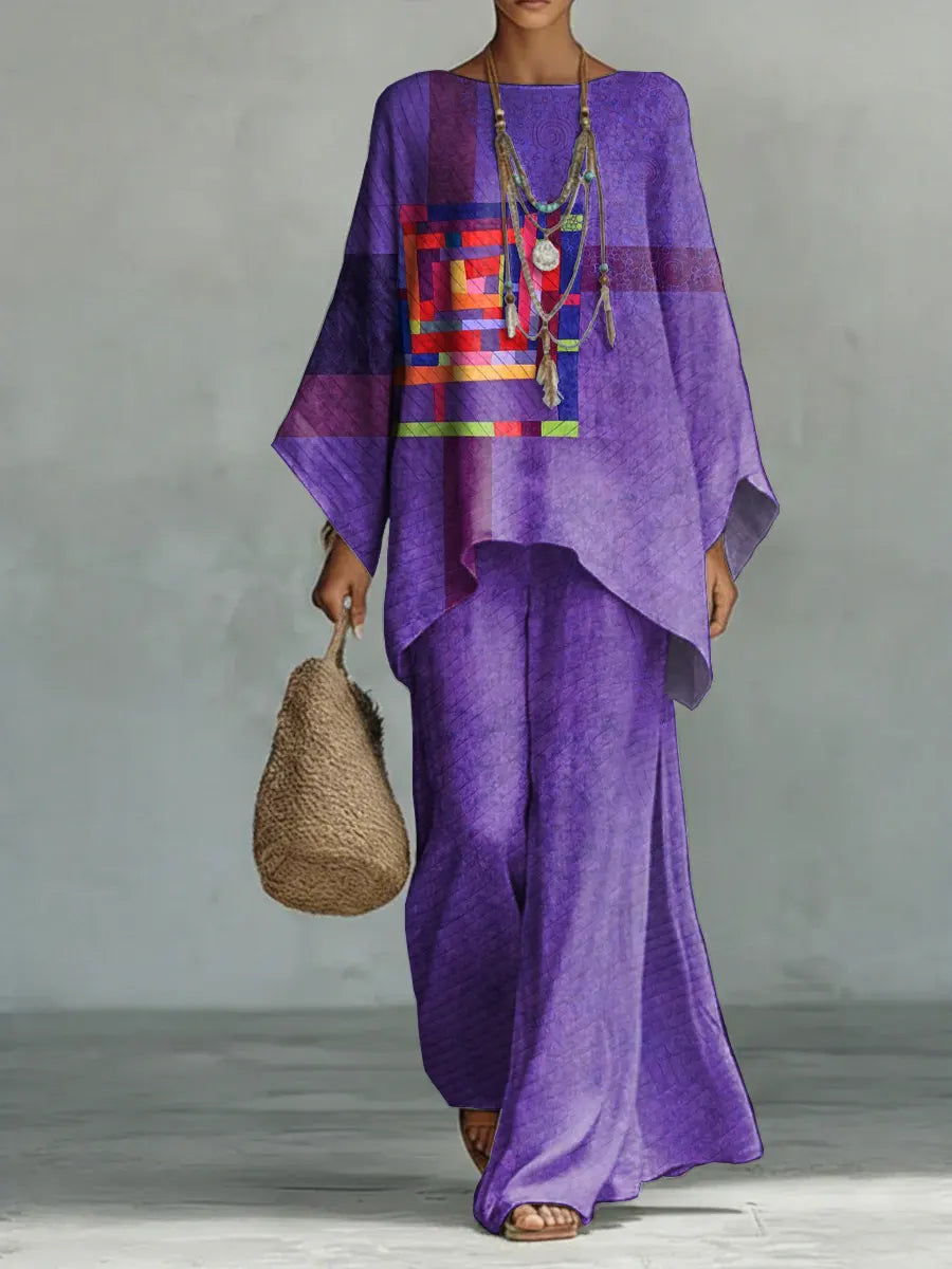 Women's Vintage Art Pattern Print Casual Cotton Linen Suits