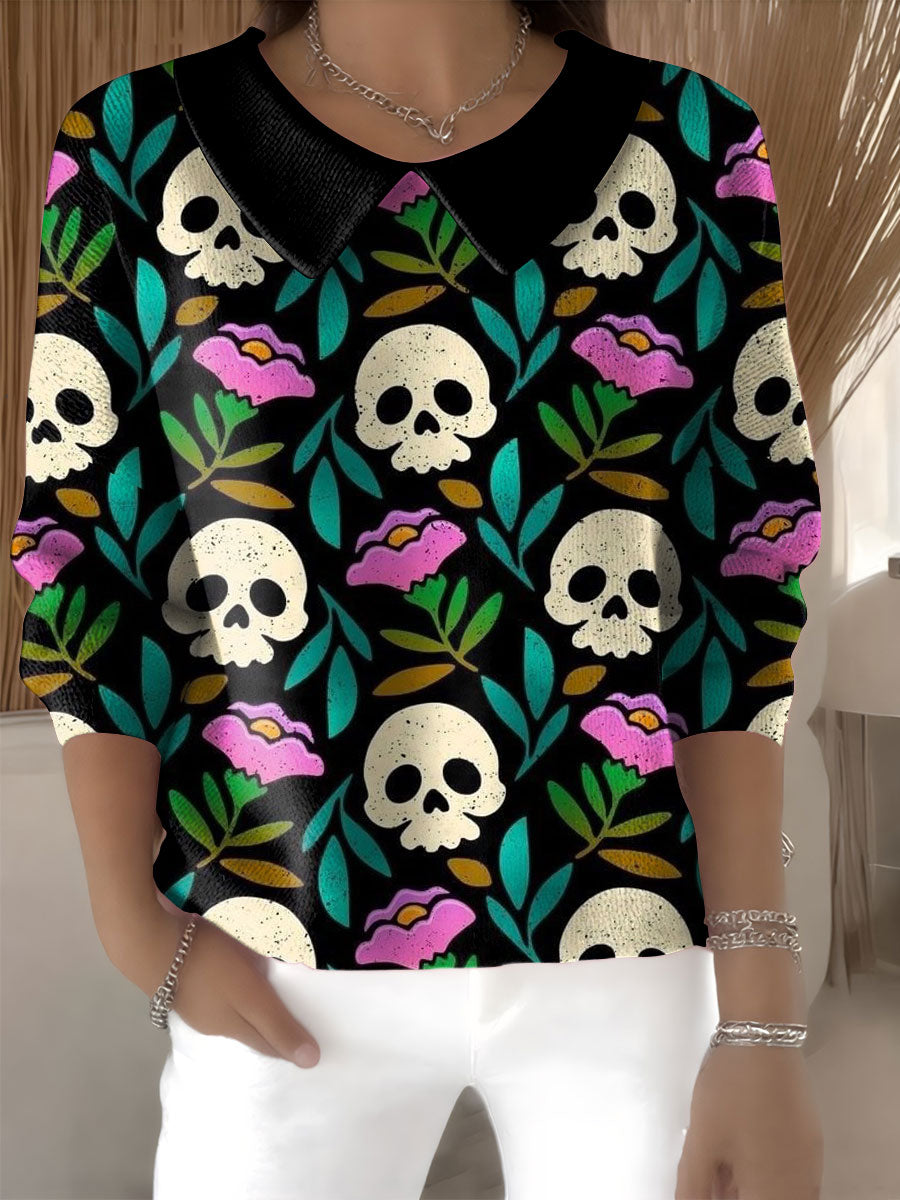 womens-halloween-skull-casual-print-peter-pan-collar-3-4-sleeve-sweater