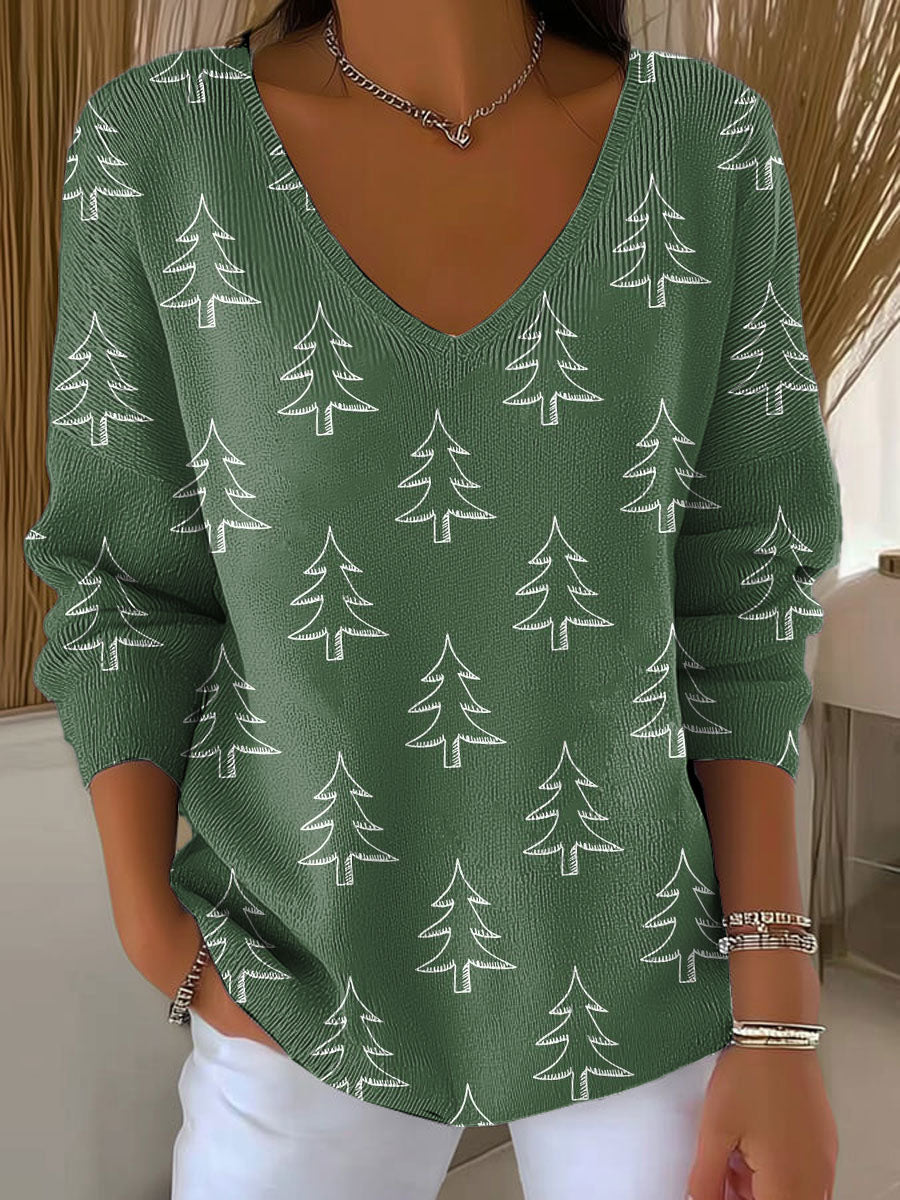 Women's Christmas Tree Pattern Print Casual Pullover Sweater