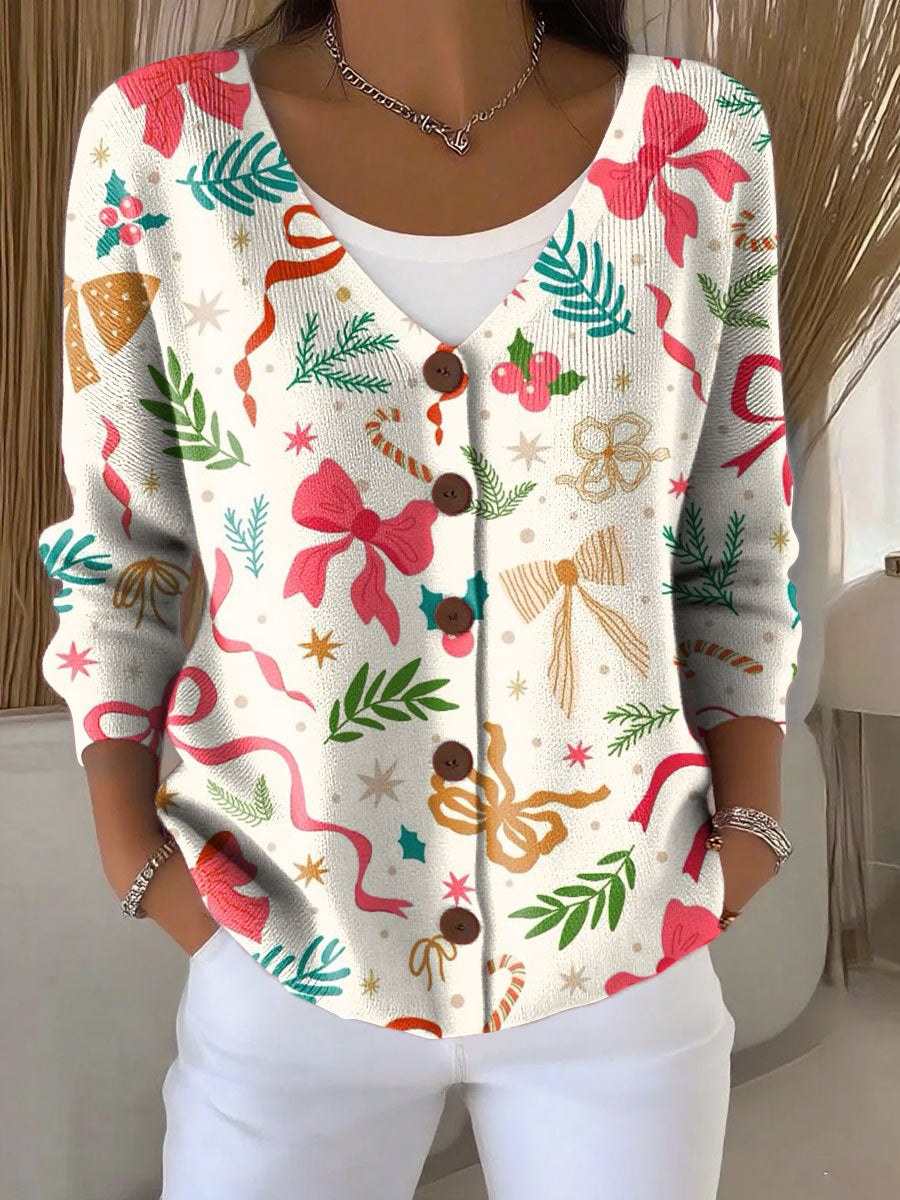 Christmas Bow Tie Print Buttoned V-neck Cardigan Sweater