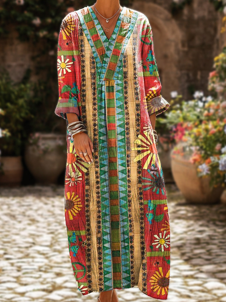 Women's Vintage Geometric Striped Floral Painting Art Print Dress