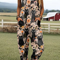 Women's Vintage Floral Cats Seamless Print Casual 100% Cotton Wide Leg Jumpsuit