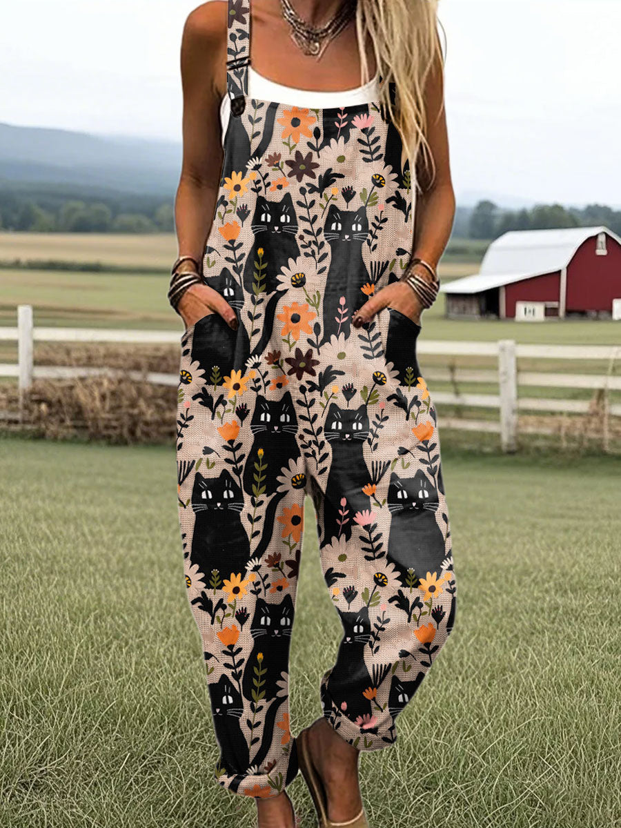 Women's Vintage Floral Cats Seamless Print Casual 100% Cotton Wide Leg Jumpsuit