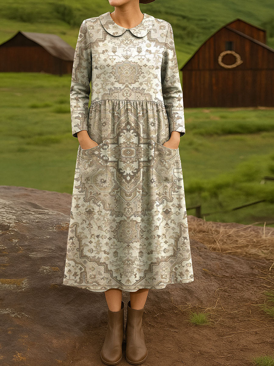 Women's Vintage Flower Art Print Cotton Lapel Button-Down Shirt Dress