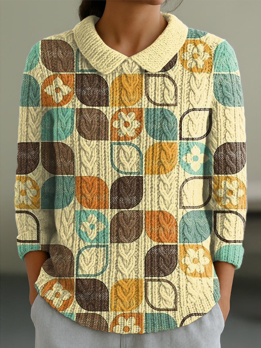 womens-vintage-plaid-floral-painting-art-print-casual-peter-pan-collar-3-4-sleeve-sweater