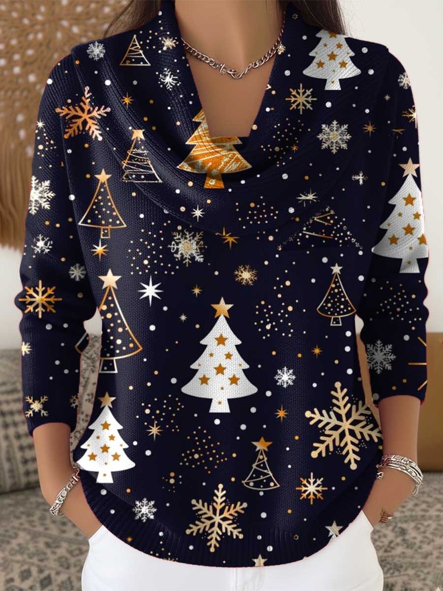 Women's Christmas Tree Pattern Art Print Cowl Neck Sweater
