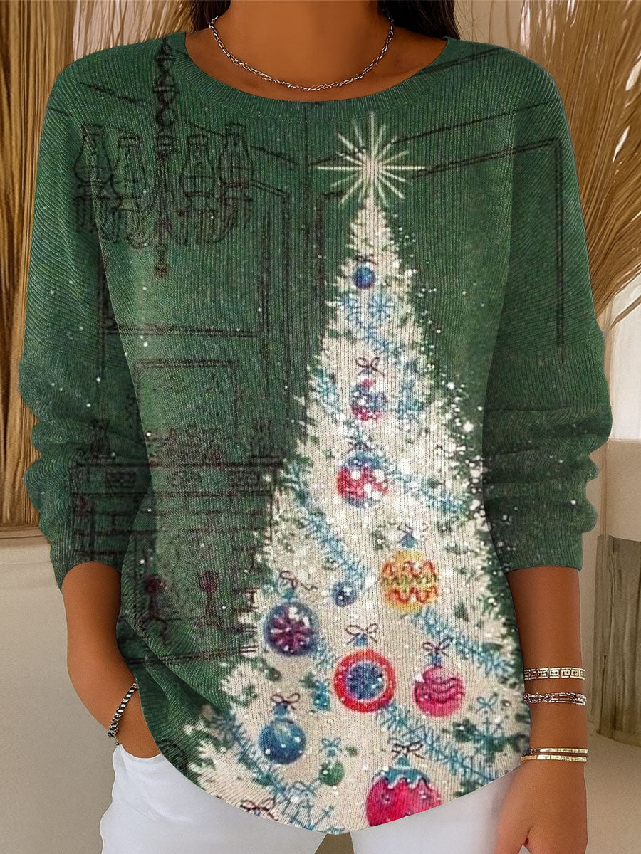 Women's Beautiful Winter Christmas Tree Drawing Art Print Casual Pullover Sweater