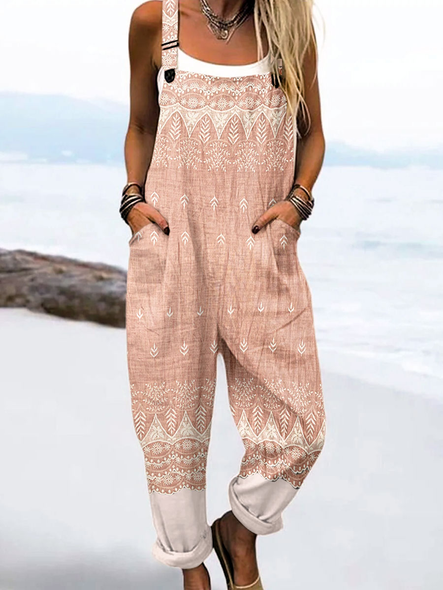Women's Vintage Lace Geometry Art Print Casual 100% Cotton Wide Leg Jumpsuit