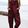 Women's Vintage Flowers Art Print Casual 100% Cotton Wide Leg Jumpsuit