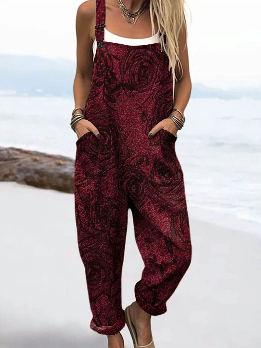 Women's Vintage Flowers Art Print Casual 100% Cotton Wide Leg Jumpsuit
