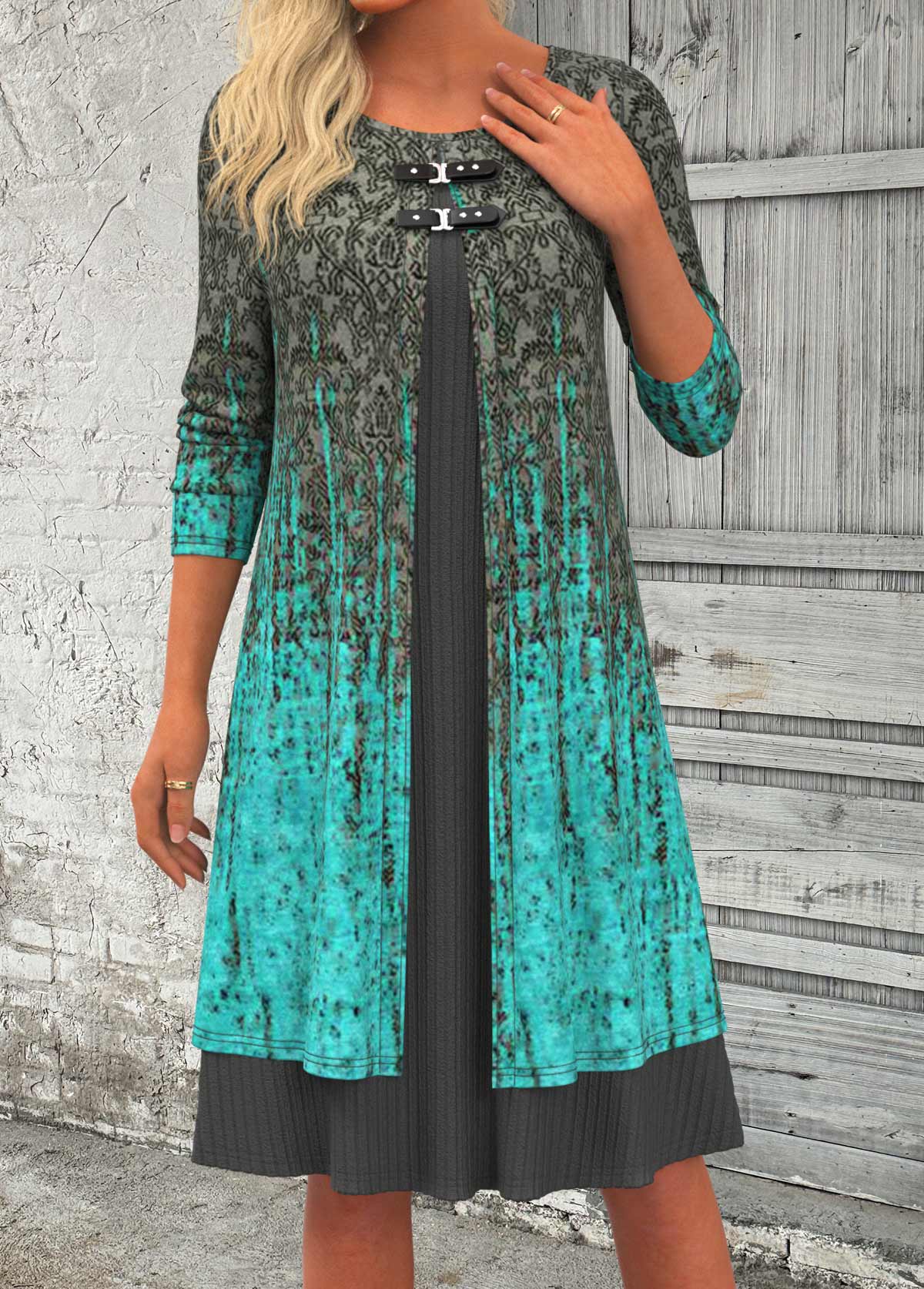 Cyan Patchwork Ombre A Line 3/4 Sleeve Dress