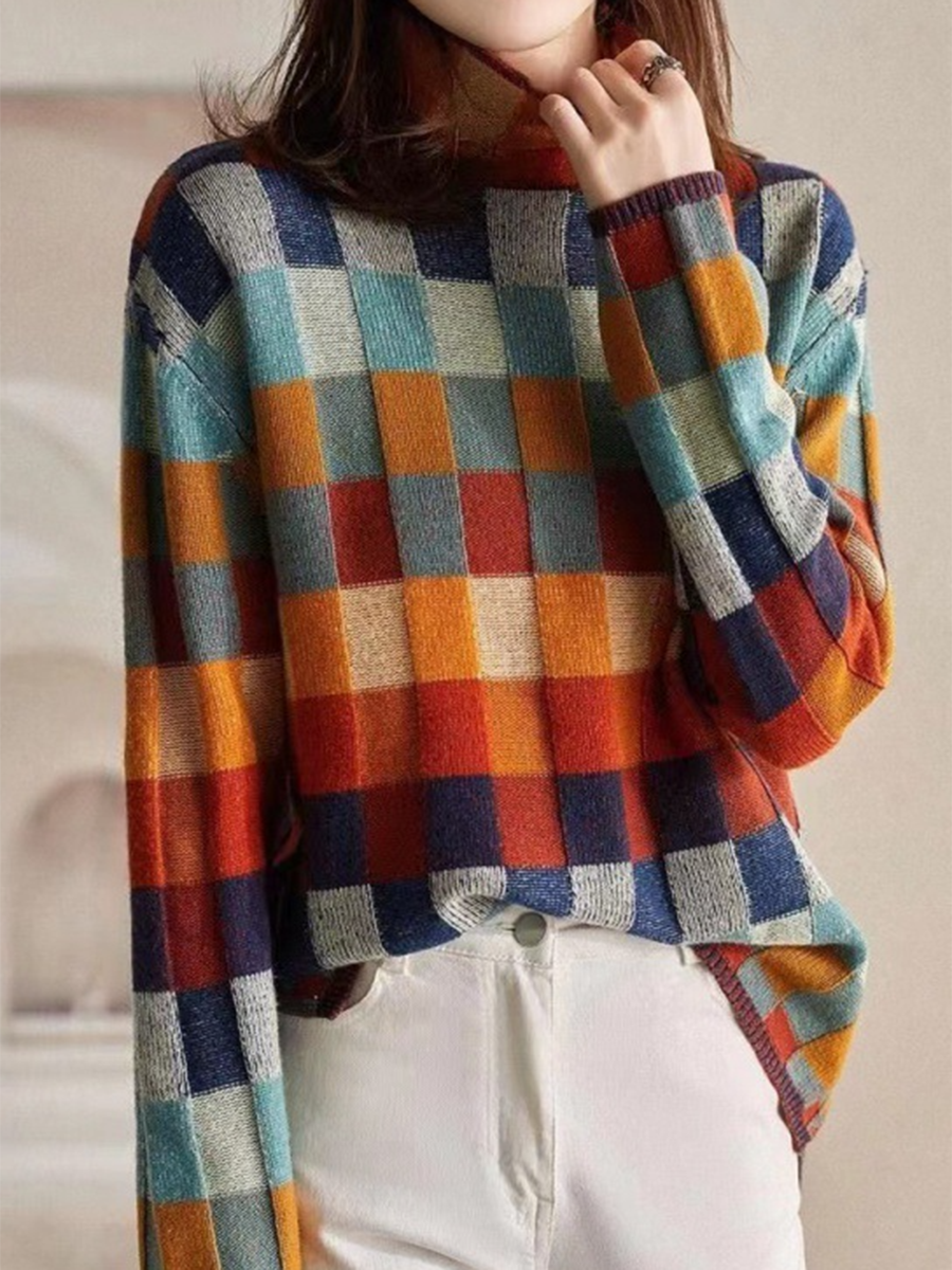 Women's Colorful Checkerboard Wool Knit Top