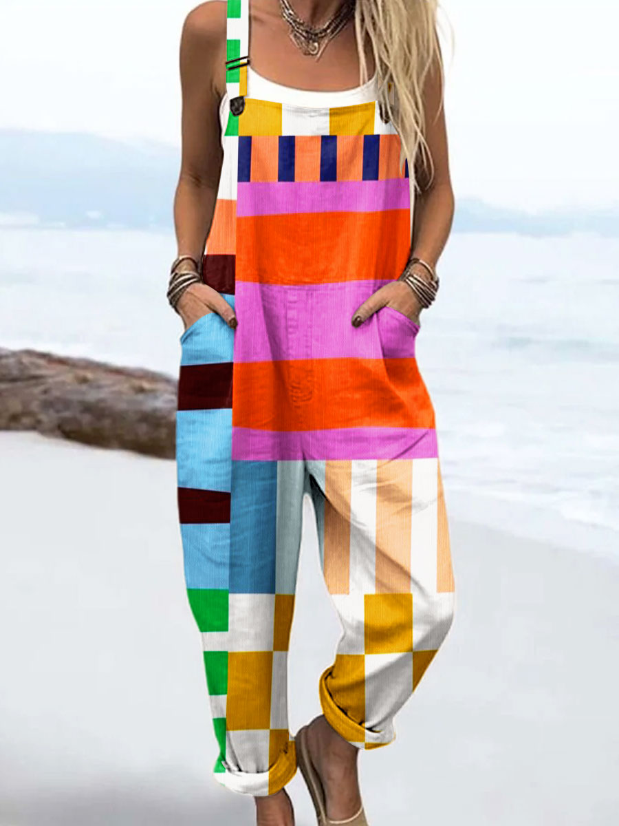 Women's Vintage Abstract Geometric Line Art Print Casual 100% Cotton Wide Leg Jumpsuit