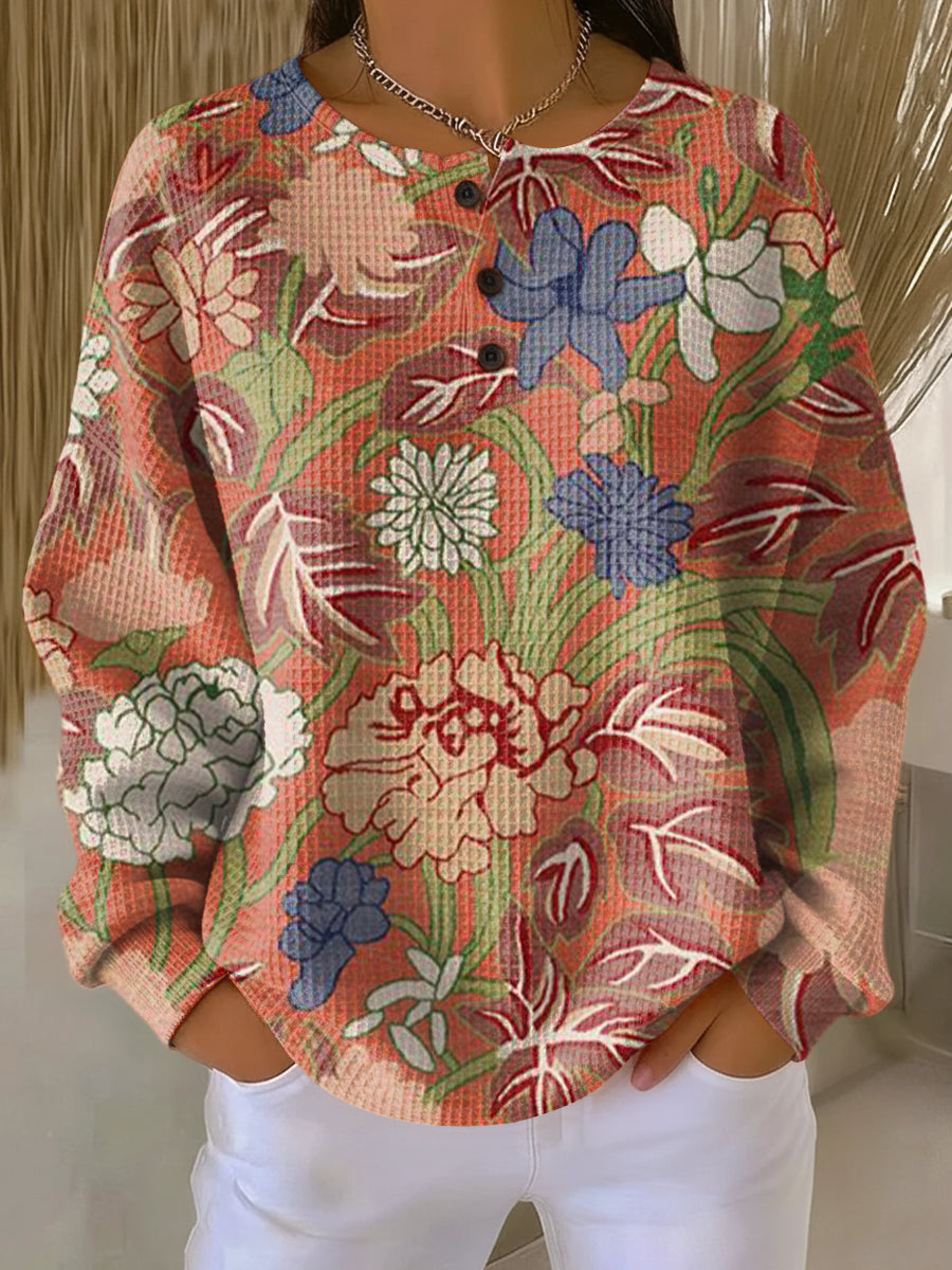 Women's Vintage Ethnic Floral Painting Art Print Casual Cotton Sweatshirt