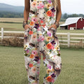 Women's  Funny Highland Cows Flower Art Print Casual 100% Cotton Wide Leg Jumpsuit